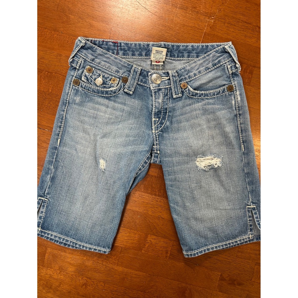 True Religion Denim Shorts Women 27 Blue Joey Big T Distressed Cut Off Bermuda